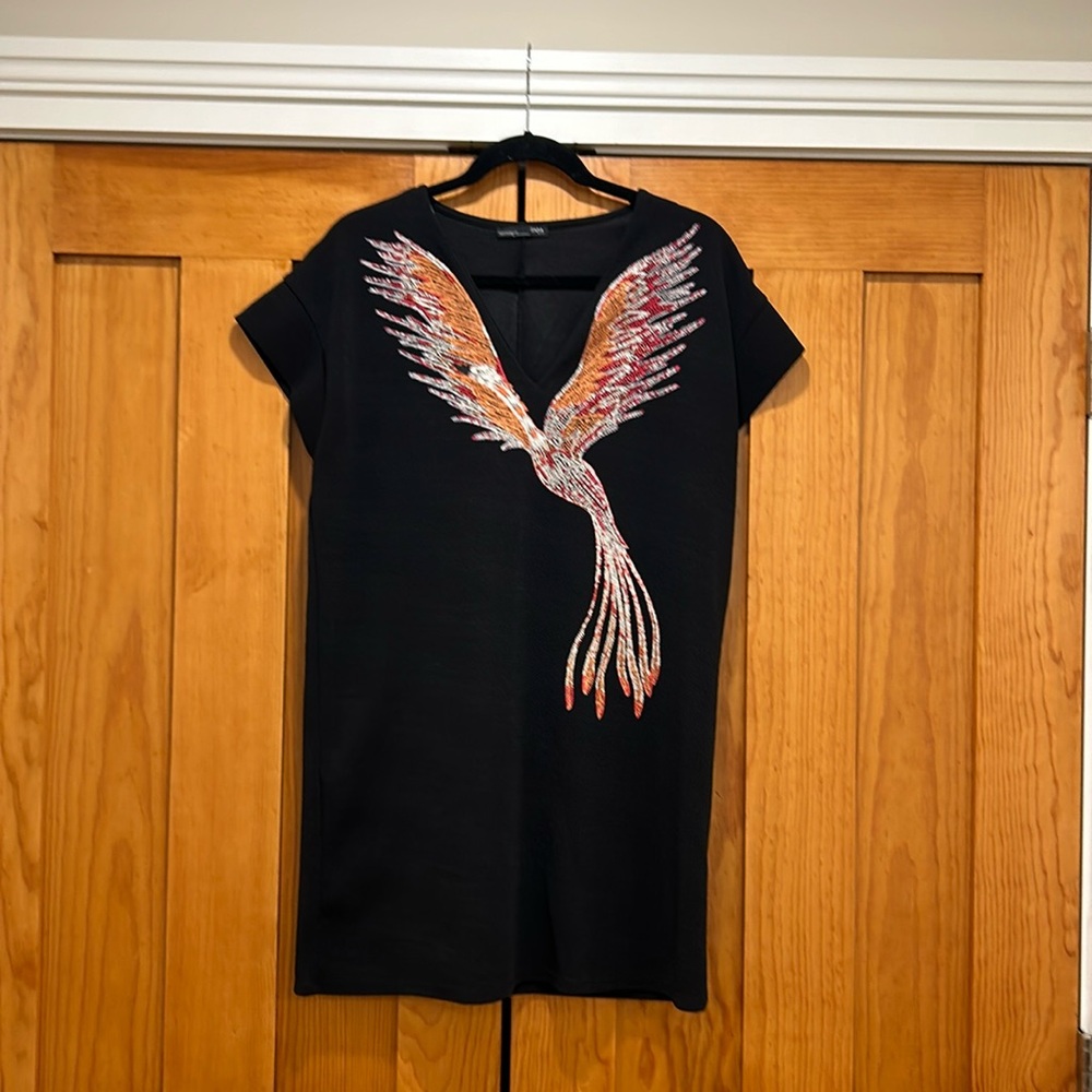 ZARA Woman Black Phoenix Mini Dress – Size M | Shift Dress LBD - Picture 2 of 7